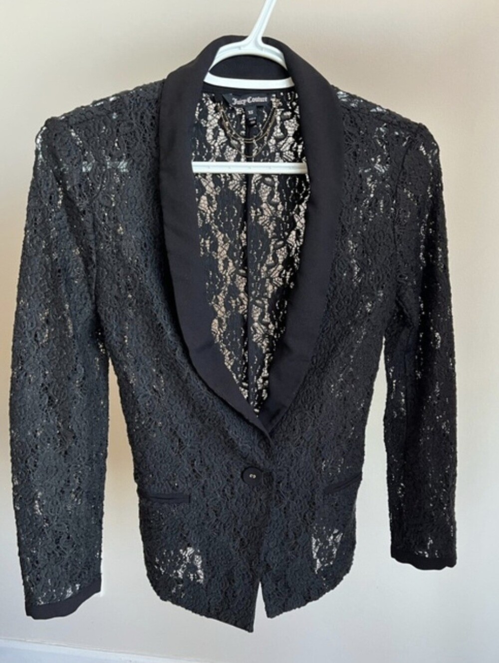 Juicy Couture Black Lace Blazer with Shawl Collar